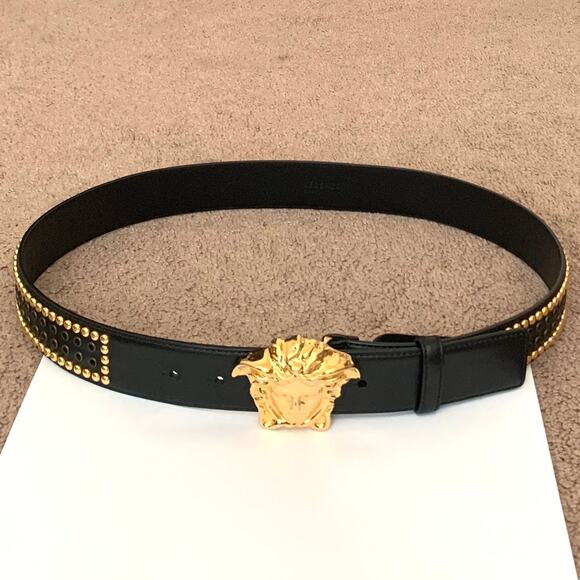 V1013 Versace unisex medusa black leather belt with studs - Picture 1 of 4